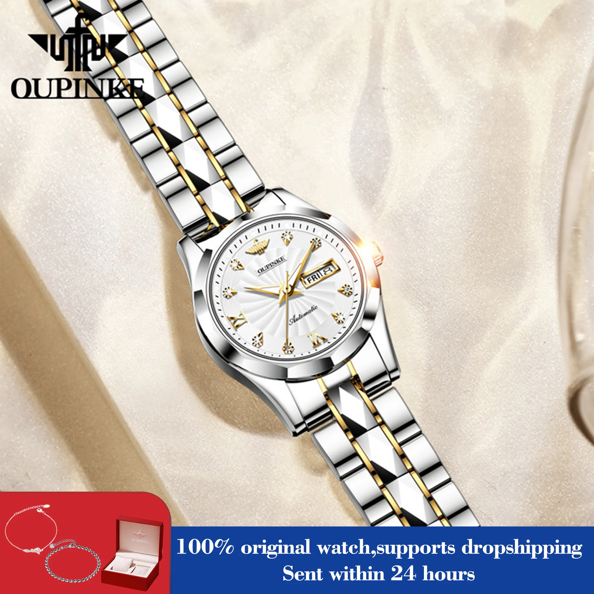 

OUPINKE 3169 женские автоматические часы с двойным календарем, деловые механические часы для женщин, модные оригинальные водонепроницаемые ручные часы