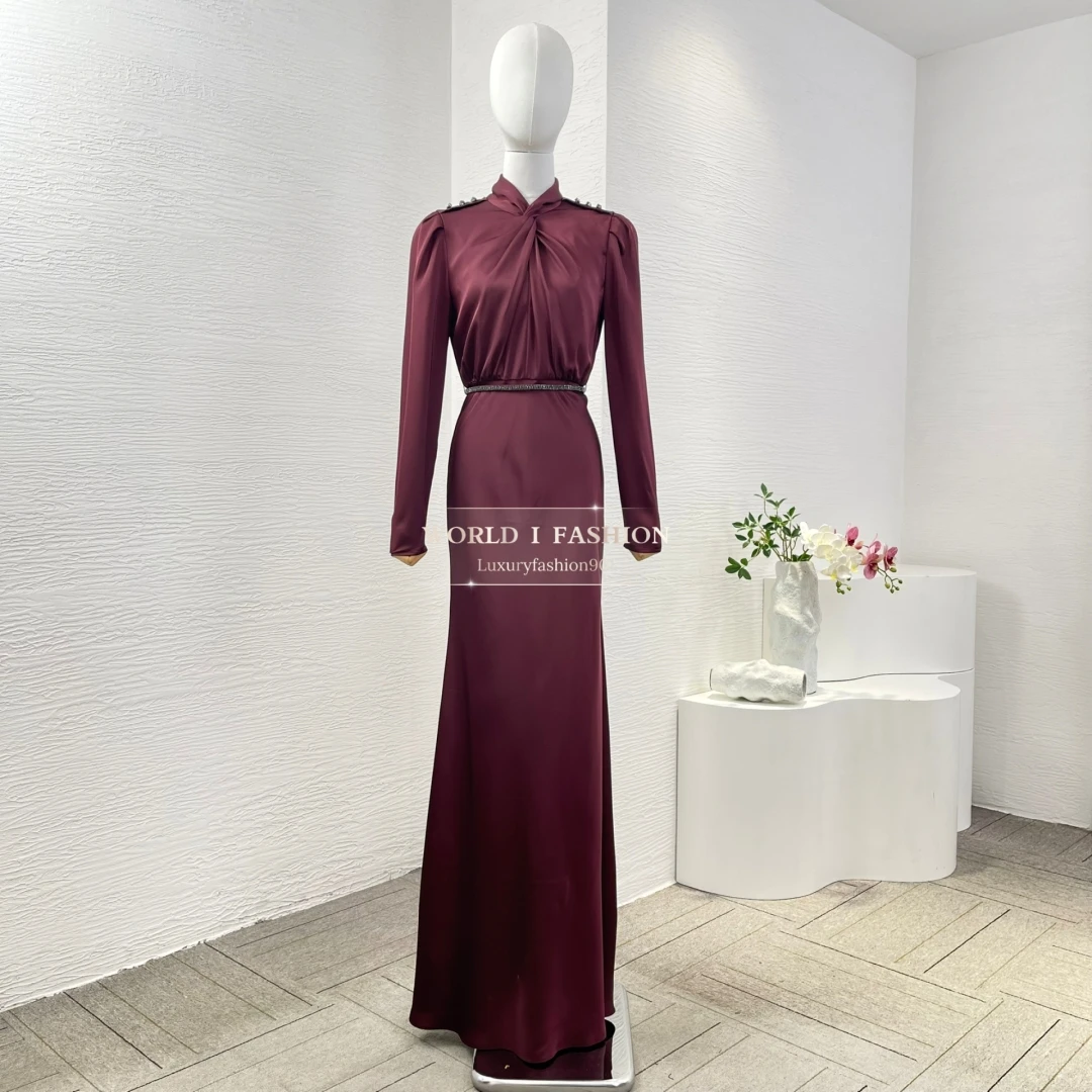 

2025 Woman Clothes Red Long Sleeve Pleat Maxi Celebration Party Dress