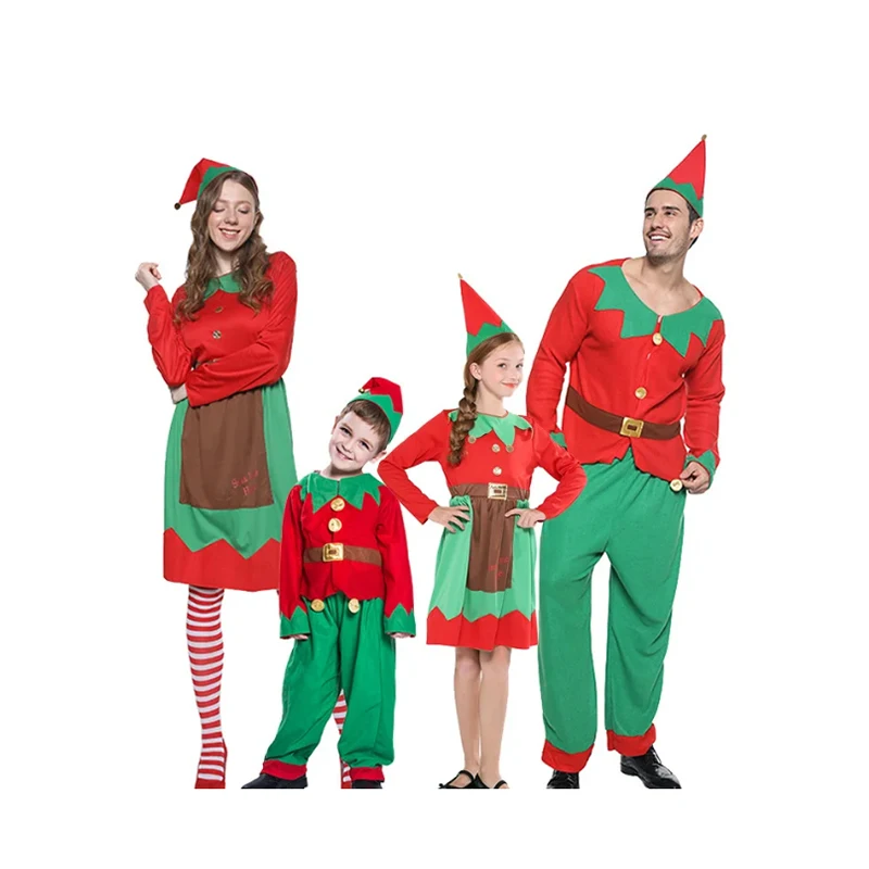 Kerstman Elf Kostuum Kinderen Volwassen Kerst Maskerade Cosplay Kostuum Set Jongens Meisjes Kerst Sfeer Familiekleding