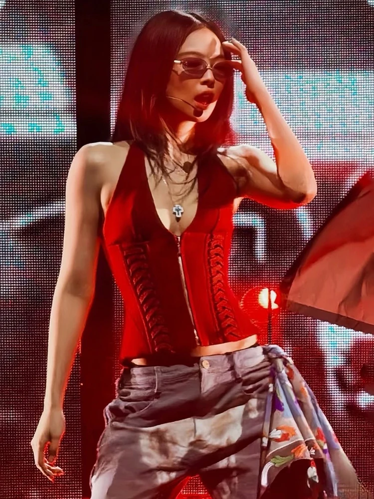 

Red Strapl Zipper Vest Sexy Slim Fit Women's Street Sle ort Length Pure Color Summer Faion Trend for Girls under 25