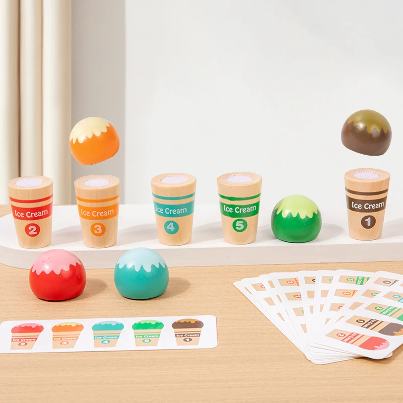 Jouets Montessori en bois, couleur crème glacée, formes assorties, jouets d'éveil d'apprentissage précoce avec cartes à motifs et Velcro Durable