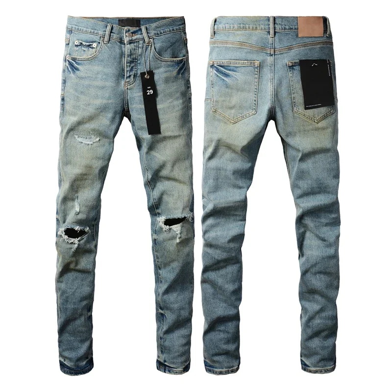 Purples Jeans 2024 Men denim pants distressed slim fitting paint Fashion brand Repair Low Rise Skinny Denim pants