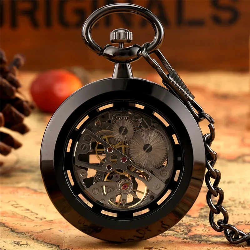 Steampunk Black Roman Numerals Dial Unisex Handwinding Mechanical Pocket Watch Open Face with Pendant Chain Timepiece Gift