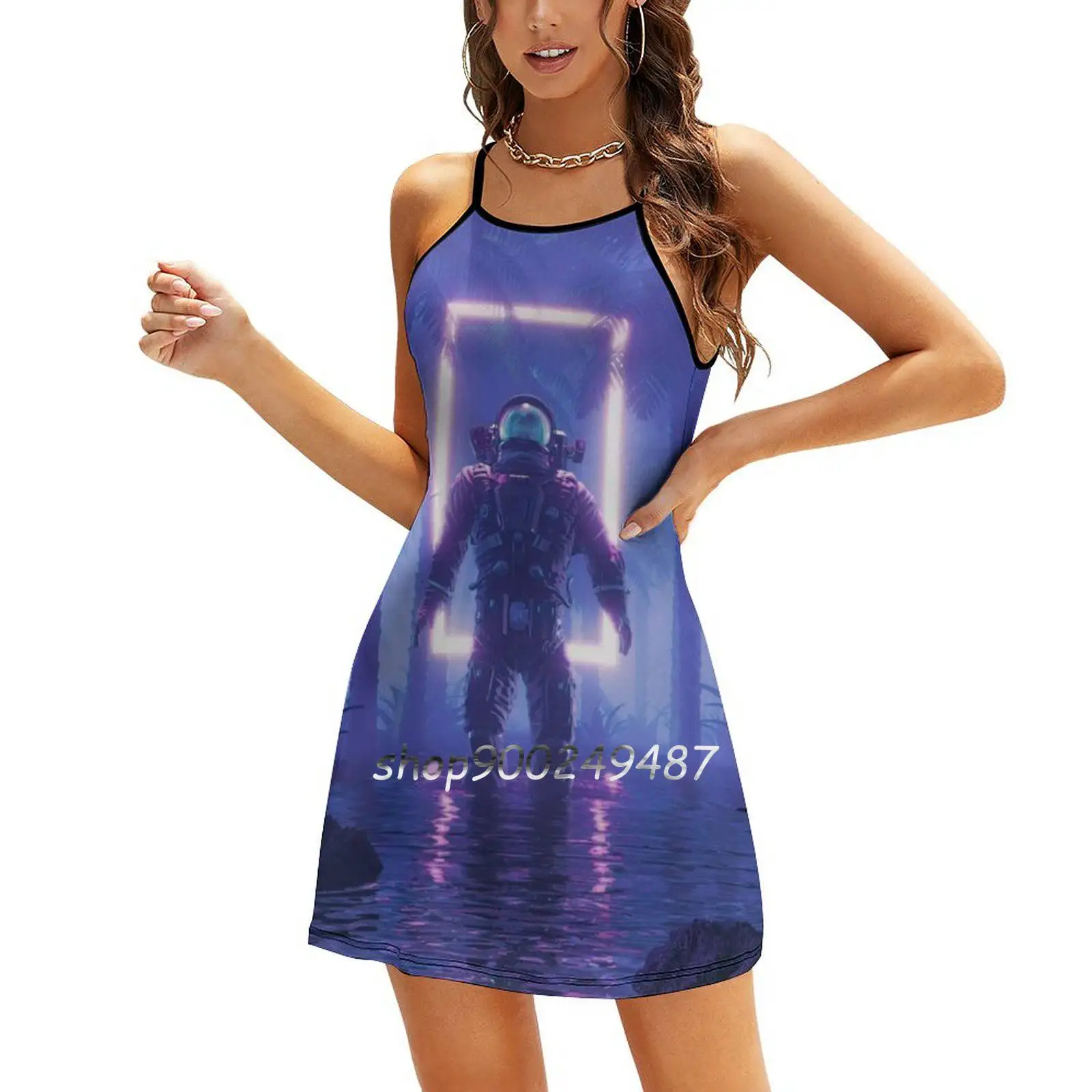 Lost In The Neon Jungle Sweetheart Knot Flared Dress Fashion Design Large Size Loose Dress Astronaut Space Stars Galaxy