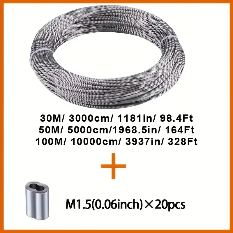 304 stainless steel cable! Can be used to hang light strings, hooks or grid lines, with 20 aluminum sleeves attached