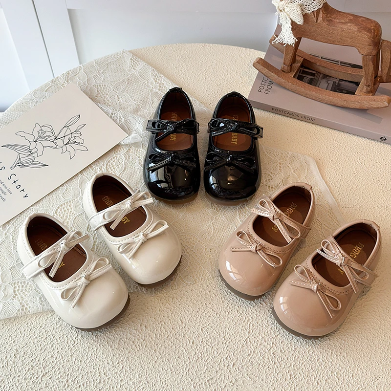 Kid's Shoes Princess Shoes for Girls New PU Leather Round Toe Butterfly Bowknot Shiny Fashionable Children's Shoes Size 21-30
