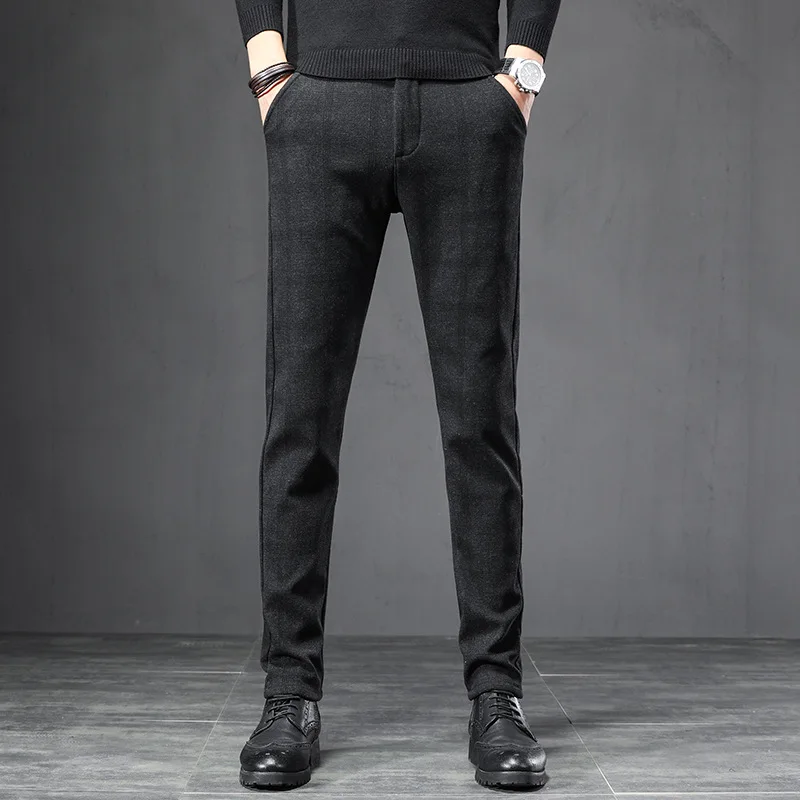 Pantalones informales a cuadros cepillados para hombre, pantalón de trabajo recto de algodón elástico ajustado coreano, ropa de marca, negro, gris,