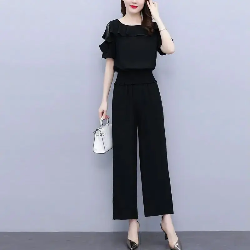 Women\'s Summer Suit 2024 New Waistband Lace Openwork Off The Shoulder Short Sleeve Tops Wide Leg Pants 2 Two Piece Set For Women