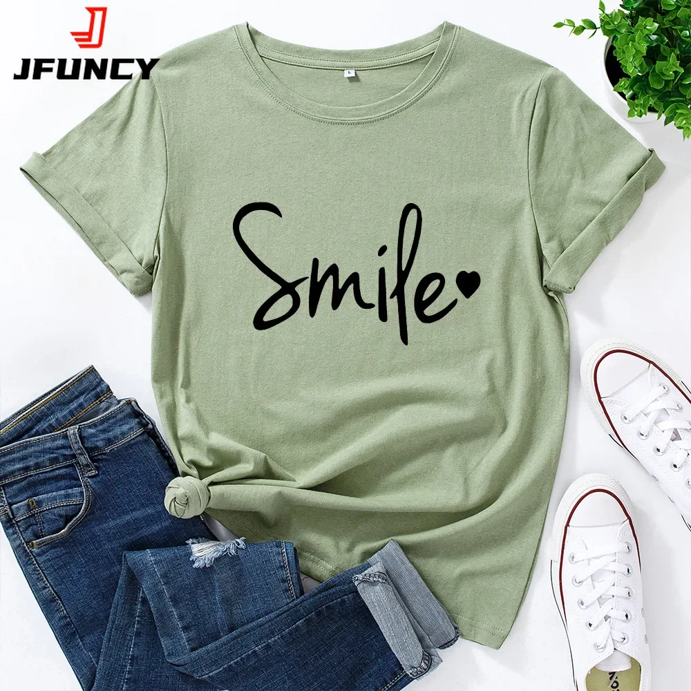 

Oversized Women's Tees 100% Cotton Short Sleeve T-shirt Smile Letter Print Graphic T Shirt Female Tshirt Woman Tops