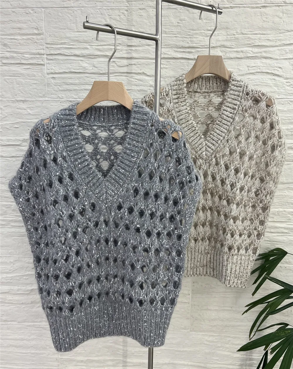 

25 New Women's V-neck Wool Blended Sparkling Mesh Hollow Knitted Tank Top