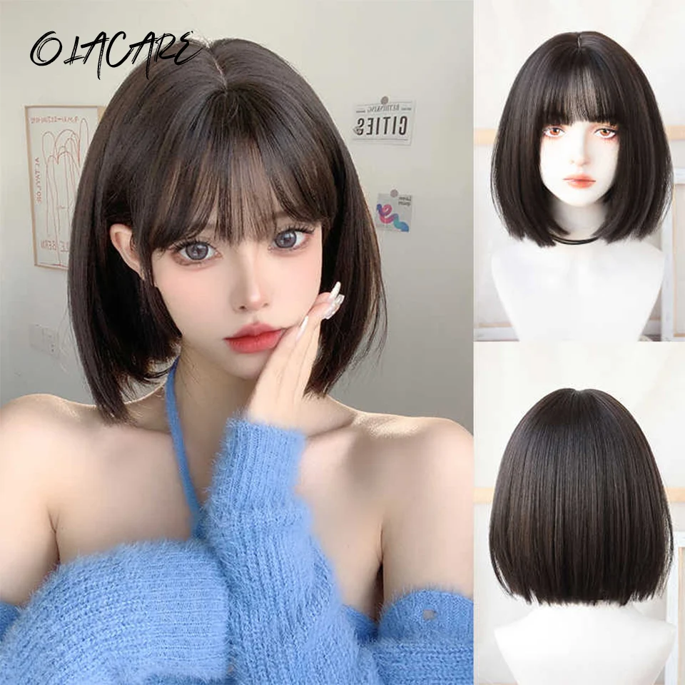 

OLACARE Black Wig Short Straight 16inch Hair Wig with Bangs Headband Wig High Temperature Fibers Synthetic Wigs Lolita Cosplay