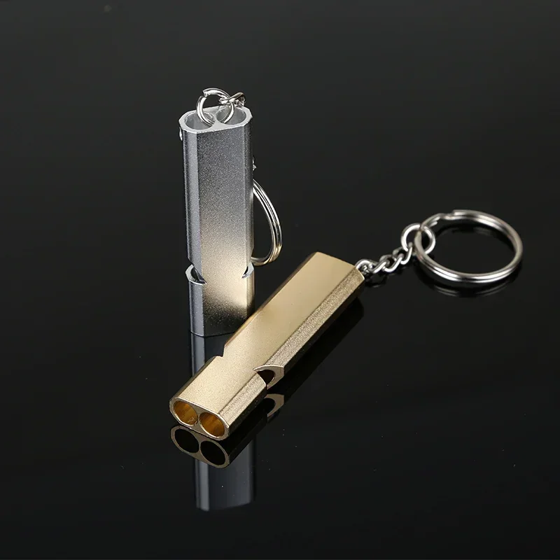 1PC Portable Aluminum Safety Whistle Outdoor Hiking Camping Survival Emergency Key Chain Multi-tool Double Tube Survival Whistle