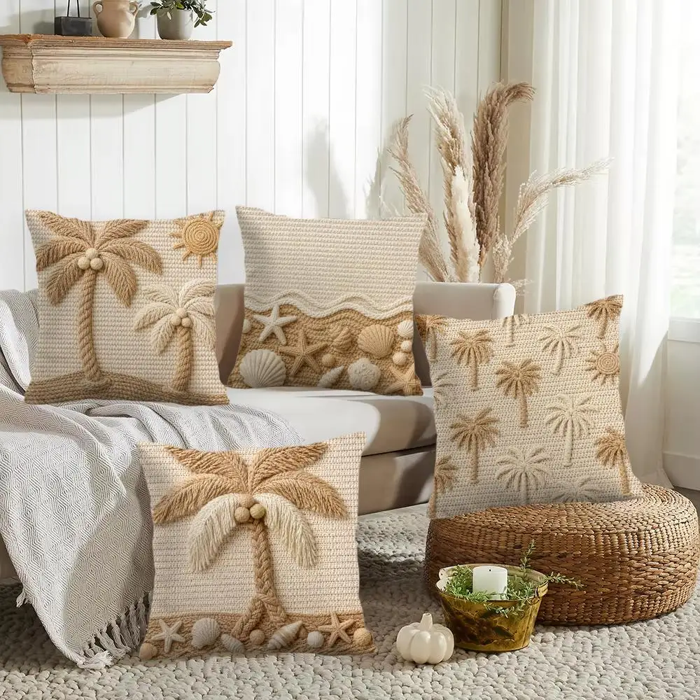 Woven Tropical Shore Cushion Cover Silky Short Plush Invisible Zipper Dustproof Sofa Pillow Case for Home Decor
