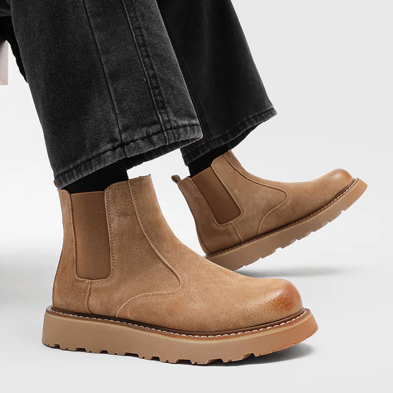 England style men's casual chelsea boots slip-on cow suede leather shoes cowboy spring autumn platform boot outdoors ankle botas