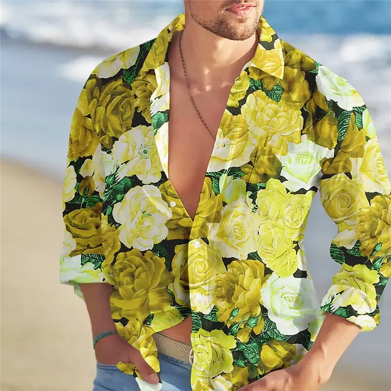 2024 Fashion Men\'s Shirt Hawaiian Shirt Floral Rose Pattern Print Lapel Outdoor Street Long Sleeve Button Clothing Plus Size 6XL