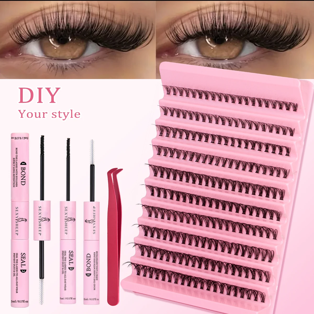 Zestaw do przedłużania rzęs 200 sztuk, kępki rzęs 30D 40D, naturalne, z klejem i utrwalaczem, pęseta do rzęs, rzęsy pojedyncze, efekt wispy.