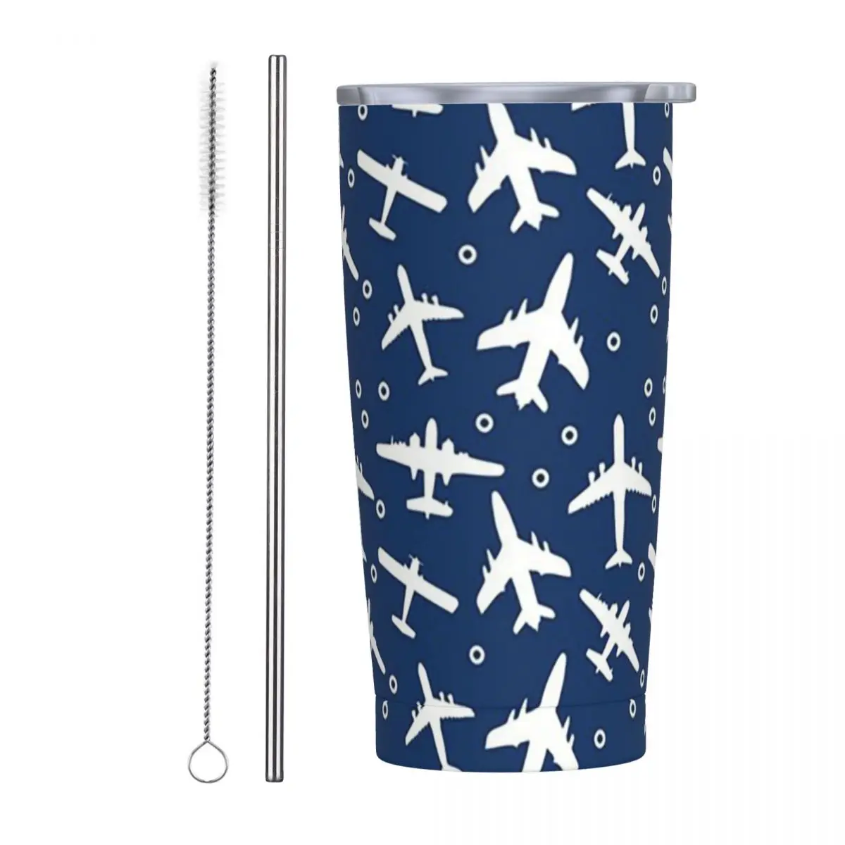 Blue And White Aeroplanes Silhouette Pattern Stainless Steel Tumbler Vacuum Insulated Mug Thermal Cold Bottle Straw With Lid