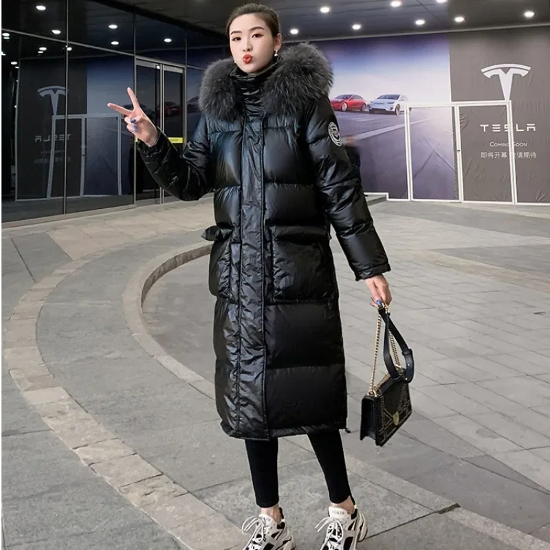 New Women Down Cotton Coat Winter Jacket Female Bright Face Knee Length Parkas Hooded Outwear Thicken Fur Collar Overcoat