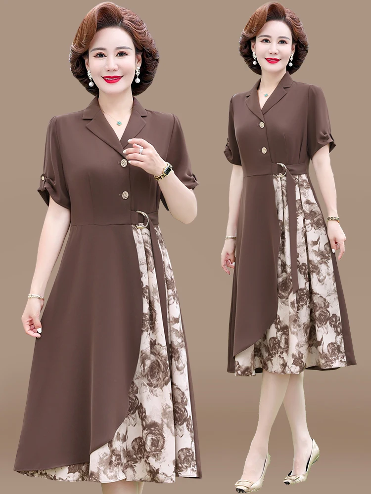 

Fashionable Midi Dress for Middle-Aged Women Summer New Style Chiffon Short Sleeve Elegant And Korean Style V-Neck Dress