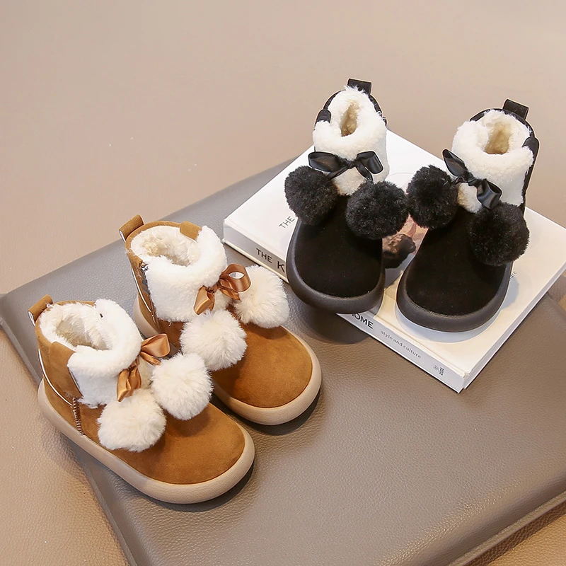 

Kids Short Boots Sweet Fluffy Fur Girls Princess Boots Suede Warm 2025 Winter New Children Ankle Boots Soft Bottom Non-slip