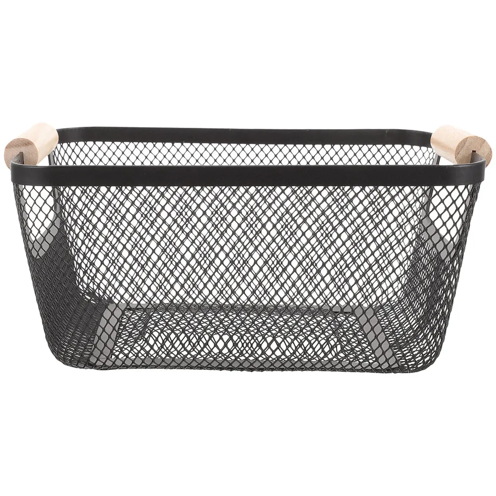 Iron Wire Rectangular Storage Basket with Wooden Handle Nordic Mesh Design Wire Organizer for Kitchen Bathroom Fruit Storage