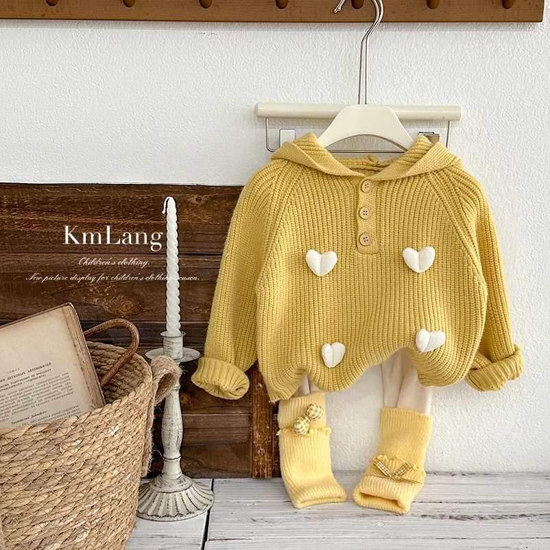 

Girls' Set 2025 Autumn/Winter Style Western Love Hooded Sweater Yellow Top Bow Tie Bottom Pants Two Piece Set
