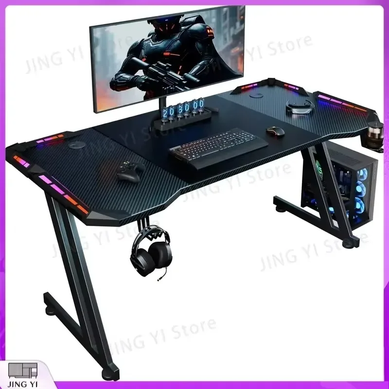 Gaming Desk with LED Lights Carbon Fiber Surface Z Shaped Ergonomic Office Desk for PC Gaming Setup Headphone Hook Cup Holder