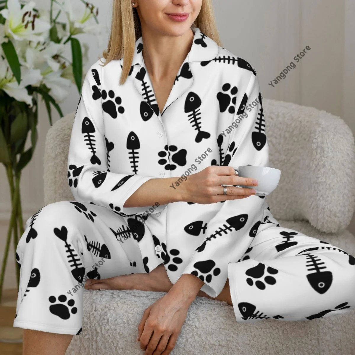 Spring and Autumn Pajama Set Women's Long Sleeve Pants Two Piece Cats Paws And Fishes Bones Home Furnishing Set