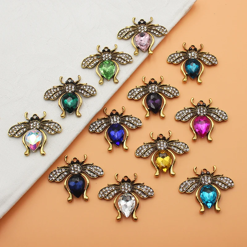 10Pcs/Batch 29*33mm Water Drop Bee Glass Diamond Flat Bottom Hollow DIY Vintage Alloy Bow Dress Wedding Decoration Accessories