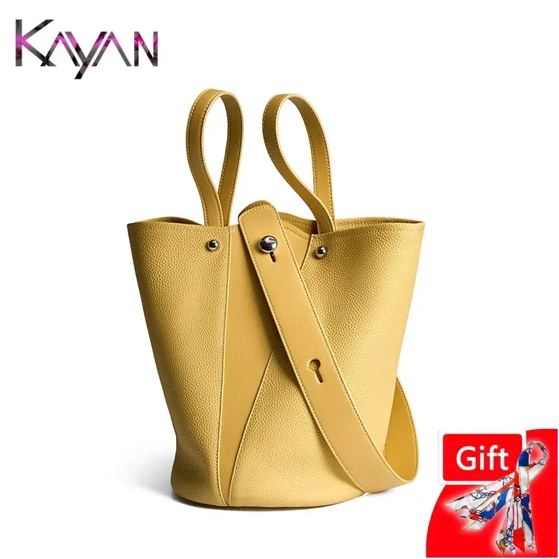 Genuine Leather Women Bucket Shoulder Bag Large Capacity Tote Handbag Crossbody Bag for Female Patchwork Top Handle Bag