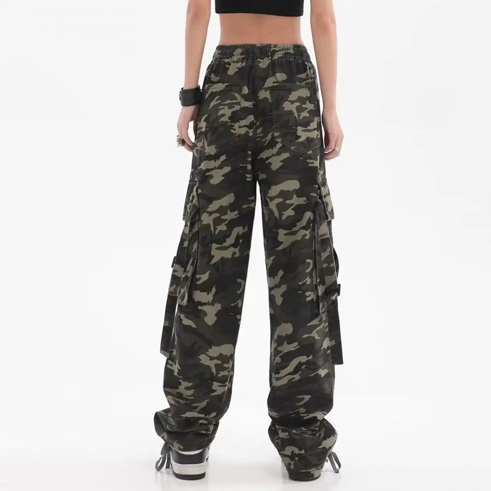 

Women Cargo Pants Camouflage Print Multi Pockets Lace-Up Detail Long Pants Straight Wide Leg High Street Pants