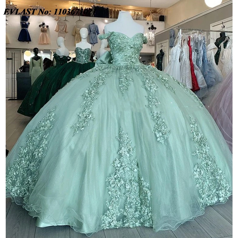 

EVLAST Shiny Sage Green Quinnceanera Dress Ball Gown Lace Applique Beaded Bow Mexican Corset Sweet 16 Vestidos De 15 Anos SQ517