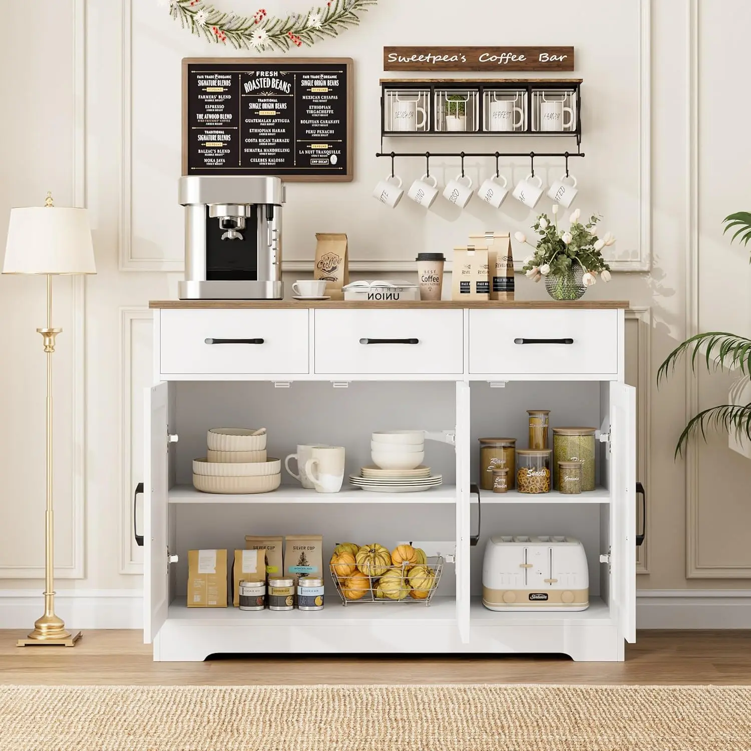 Aparador moderno de granja, mueble tipo Buffet con puertas de granero, mueble de almacenamiento tipo Buffet con cajones y estantes, mueble de madera para cafetería