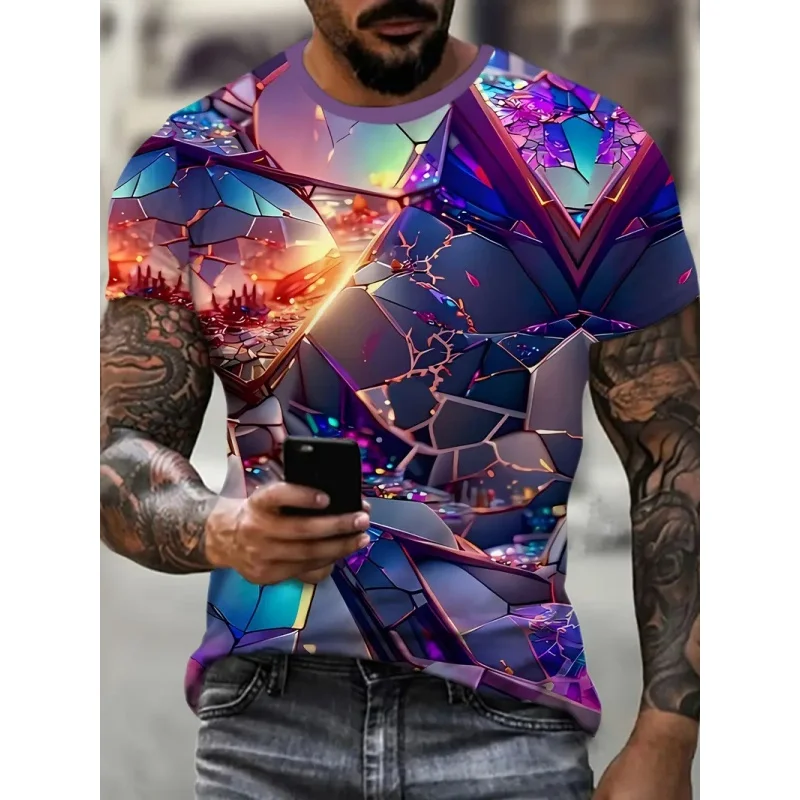 

Красочная футболка со стеклянным рисунком слона для мужчин, крутые музыкальные футболки с 3D принтом, летние модные топы с короткими рукавами, свободные футболки с круглым вырезом