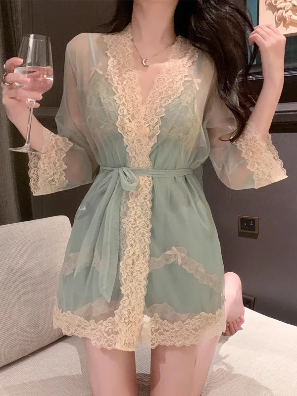 2025 New Sweet Lace Deep V Ne Padded Brtte Che Robe Set Women's Home Clothes Set Sexy Sle Four Seasons Universal