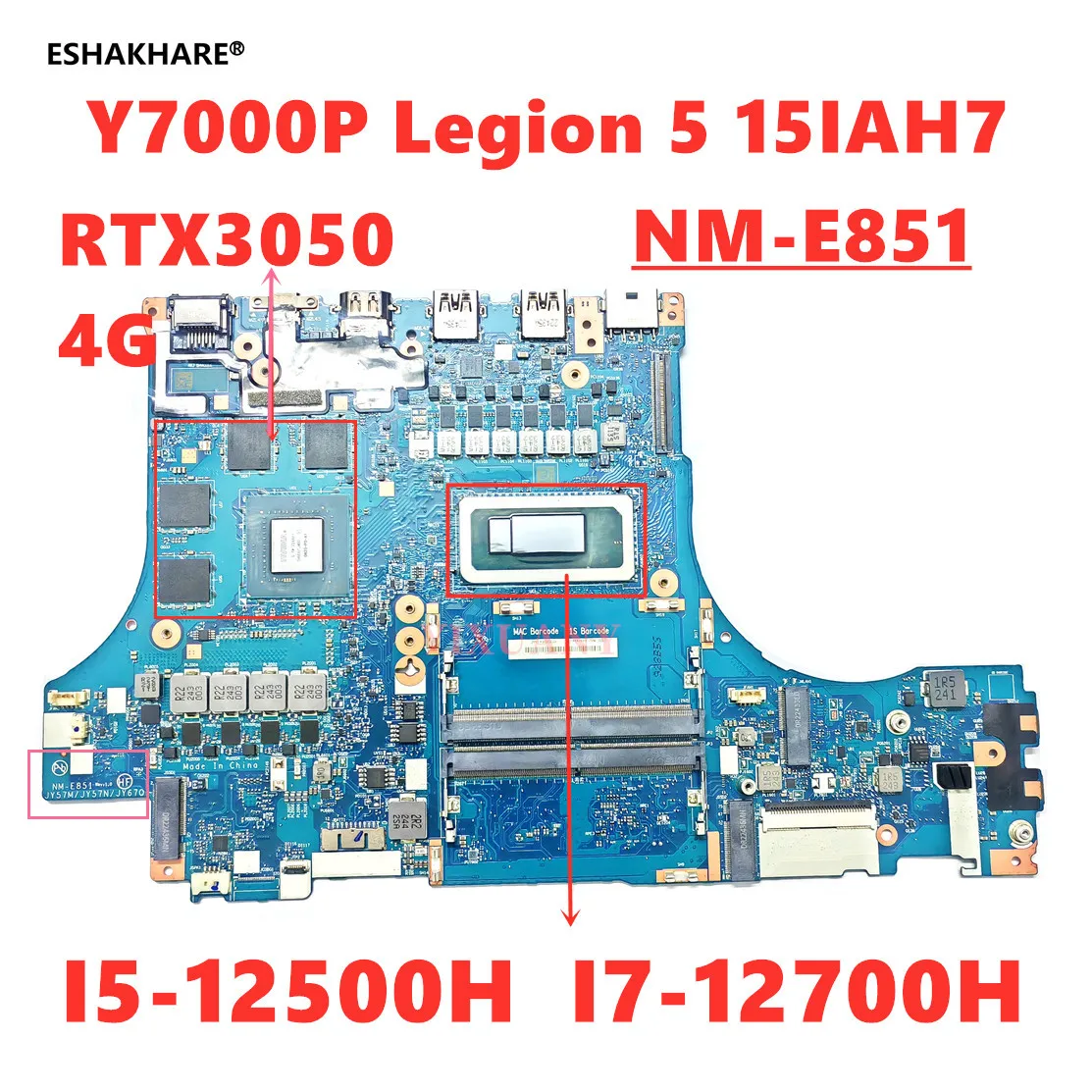 NM-E851 Motherboard For Lenovo Y9000P Legion 5 15IAH7 Laptop Motherboard with RTX3050 GPU I5/I7 12th CPU DDR5 100% Test Original