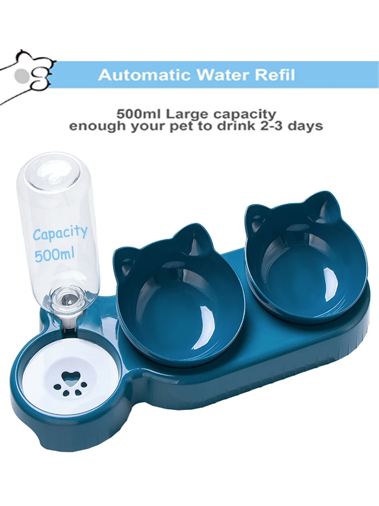 Pet Bowls With Water Feeder 3 In 1 Ear Design Tilted Cats Water And Food Bowl Set With Gravity Water Bottle For Neck Protection