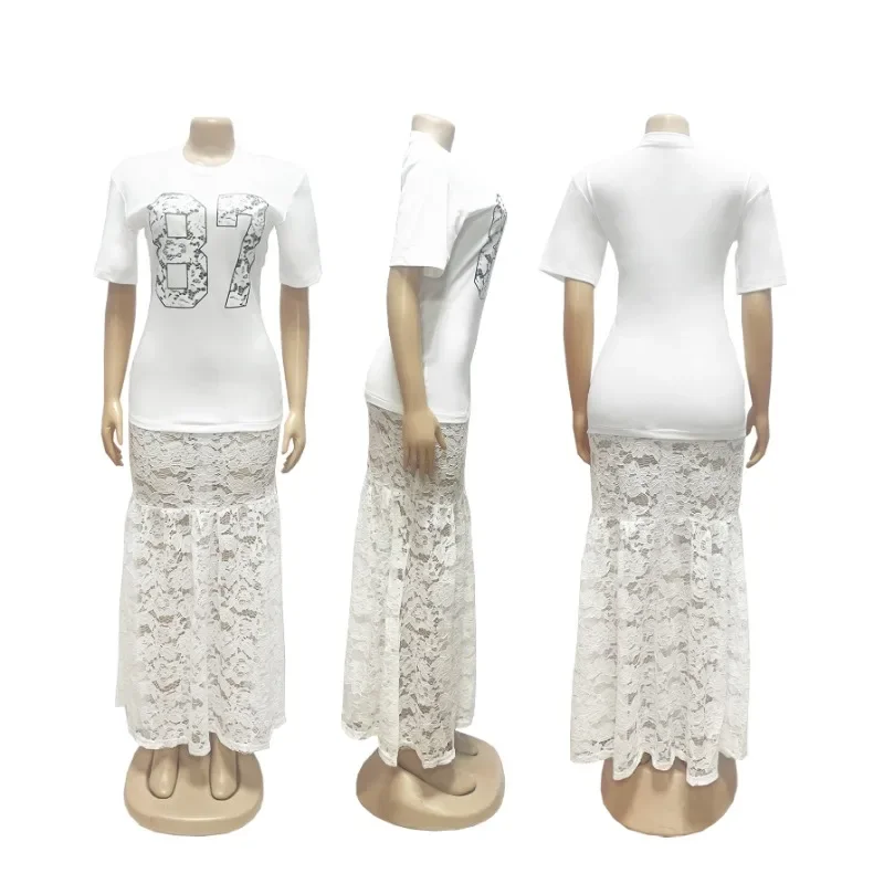 女性ファッションレースパッチワークレタープリント Tシャツマキシドレス O ネック半袖ボディコン誕生日パーティーロングローブストリート