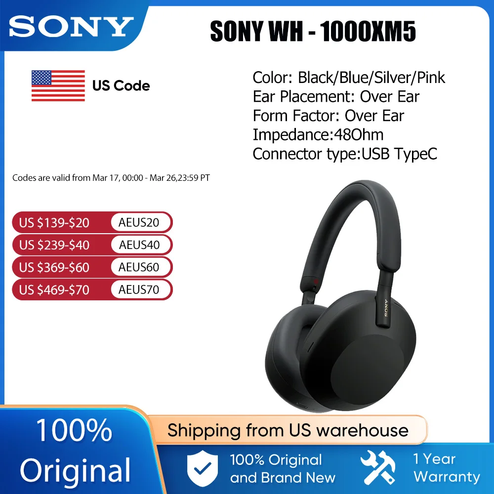 Sony WH-1000XM5 Wireless Noise Canceling Headphones Integrated Processor V1 Soft Fit Leather 30 Hour Battery Life 4 Microphones