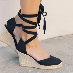 2025 Spring Hemp Rope Wedge with Light Bottom Strap Ladies Sandals Summer High Heel Platform Women Shoes Plus Size 40 41 42