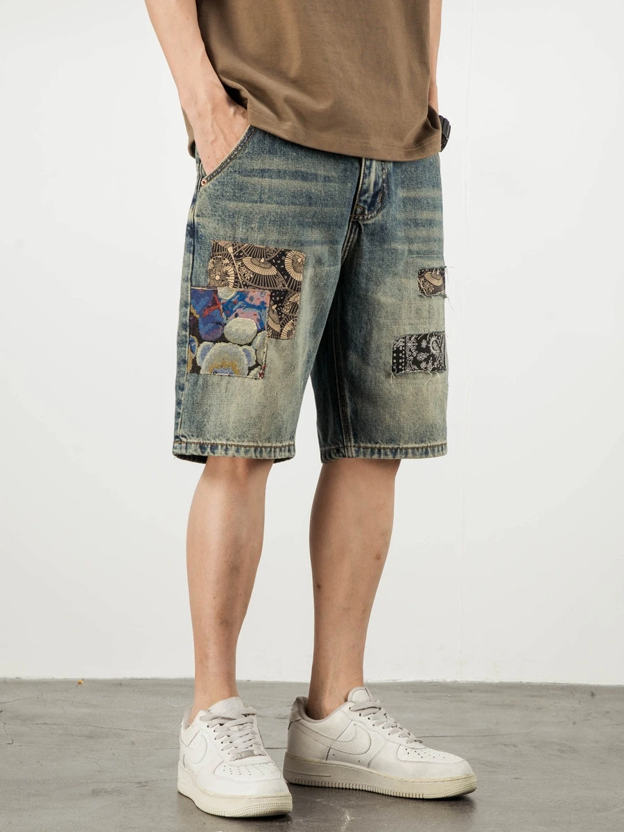 Retro American Patchwork Denim Shorts Men's Casual Thin Five-Point Summer Loose Fit Jeans mid Waist Zipper Color Block