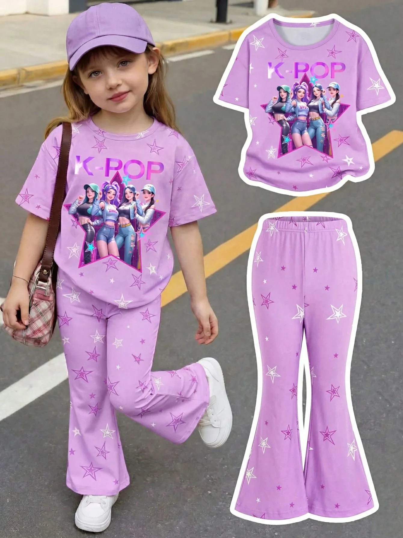 Girls K-Pop 2Pcs Outfit Set Rainbow Star Print Short Sleeve T-Shirt + Purple Star Flare Pants Soft Kids Casual Daily Clothes