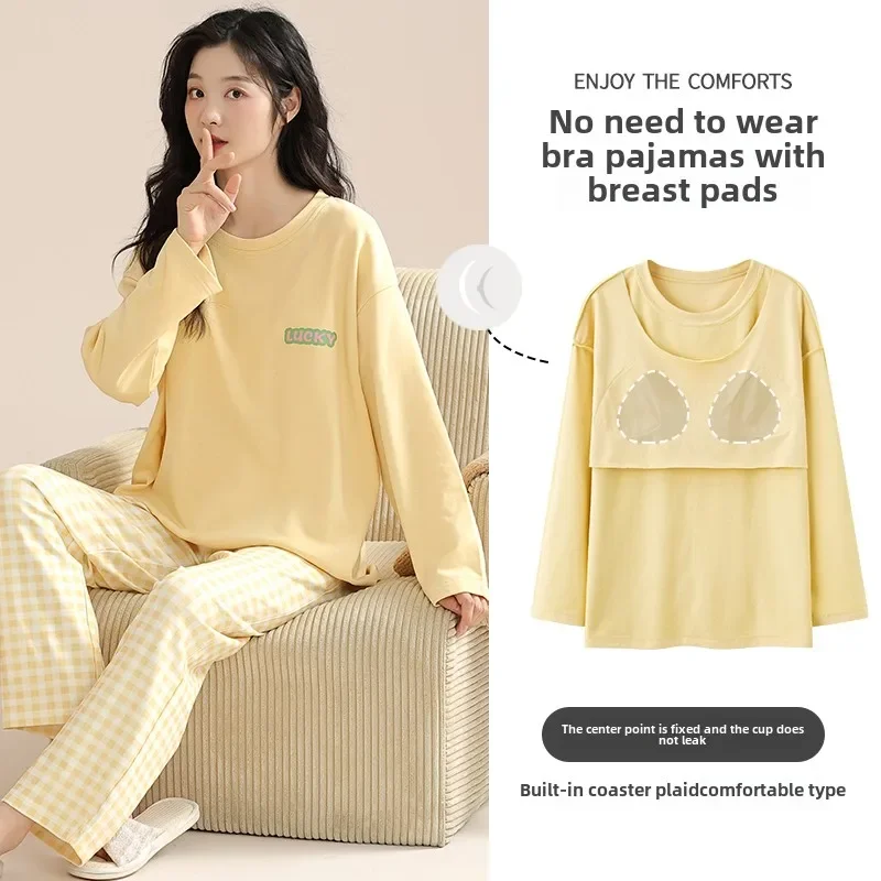 

2025 spring autumn Women's Pajamas yellow plaid thin Sleepwear With chest Pajama Sets long Sleeve Elegant Lounge Pijama Mujer