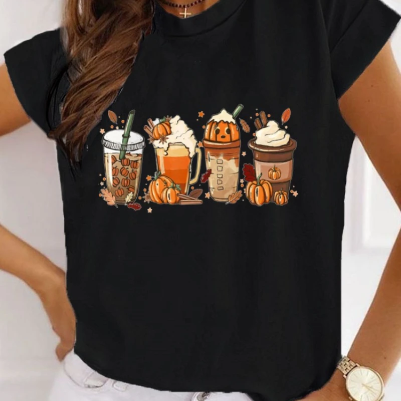 Halloween Trick or Treat Tshirt Pumpkin Coffee Latte Drink Cup Spice T-shirt  Girl Y2K Harajuku Tee Tops Female Sreewear Clothes