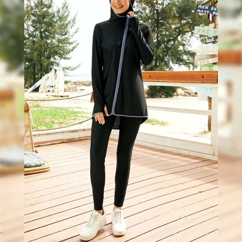 Costume da bagno musulmano Burkini a 2 pezzi Set di copertura completa nero Costume da bagno modesto Abbigliamento da spiaggia arabo islamico Abiti estivi da donna semplici