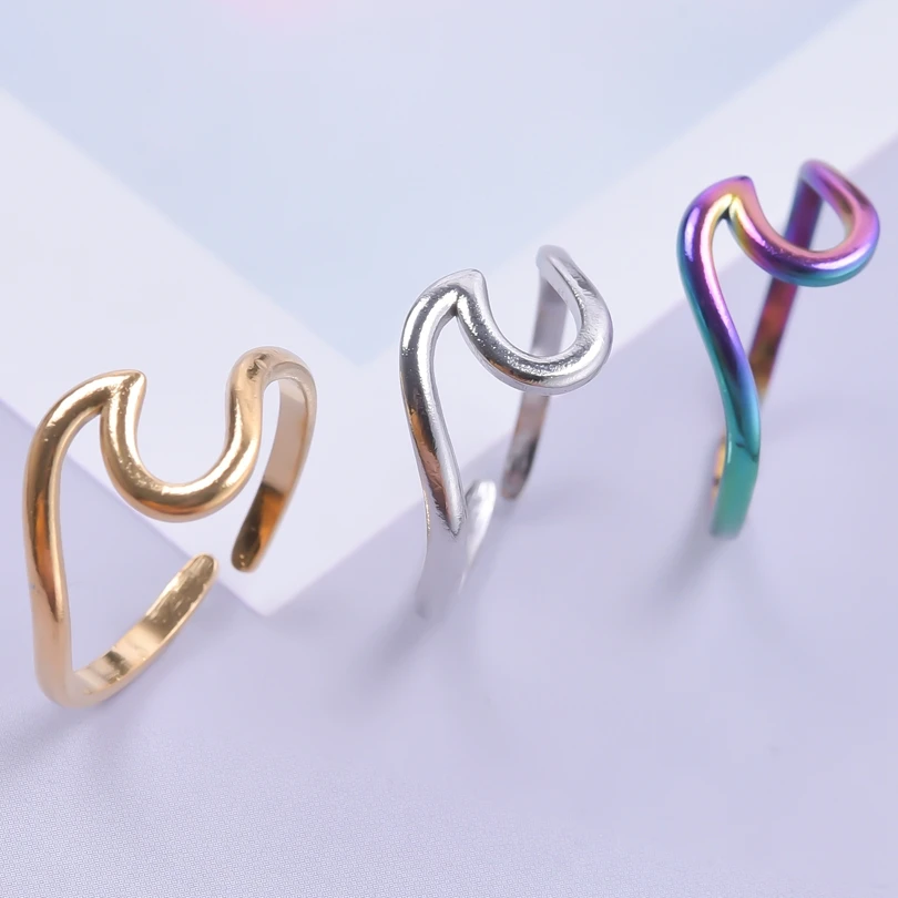 5PCS Fashion Geometry Sea Wave Stainless Steel Rings for Women Personalize Aesthetic Men ring Jewelry Party Gift Bijoux Femme