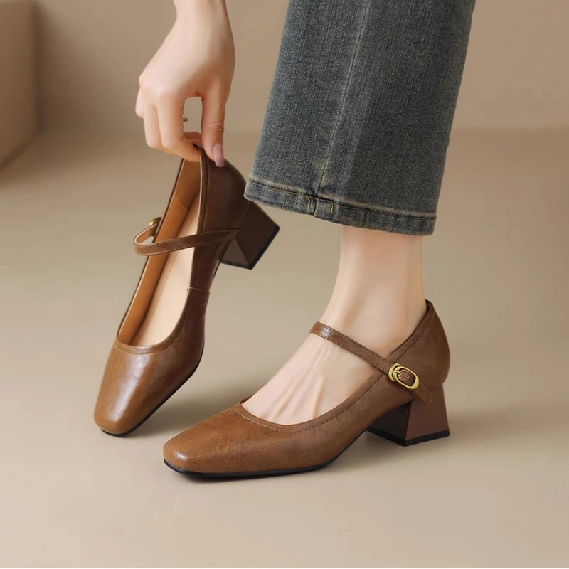 

New French One-character-style Buckle Shallow Single Shoes Women Wear Kitten Heel One Strap Block Heel Mary Jane Small Shoes