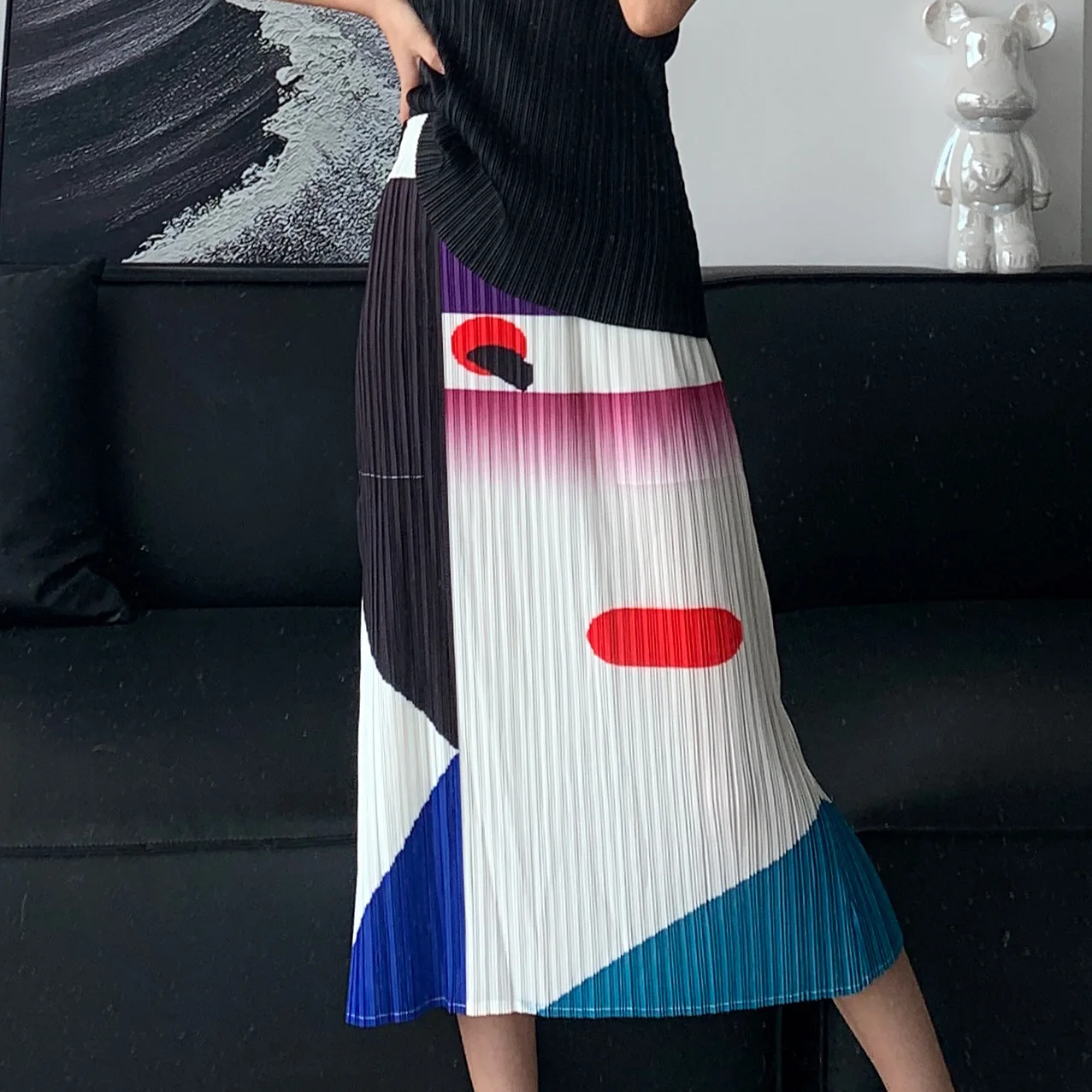 

Pleats Half-skirt Printed Pleated Split Package Hip Elegant Half-body Skirt Women's Mid-length Versatile Temperament Jupe