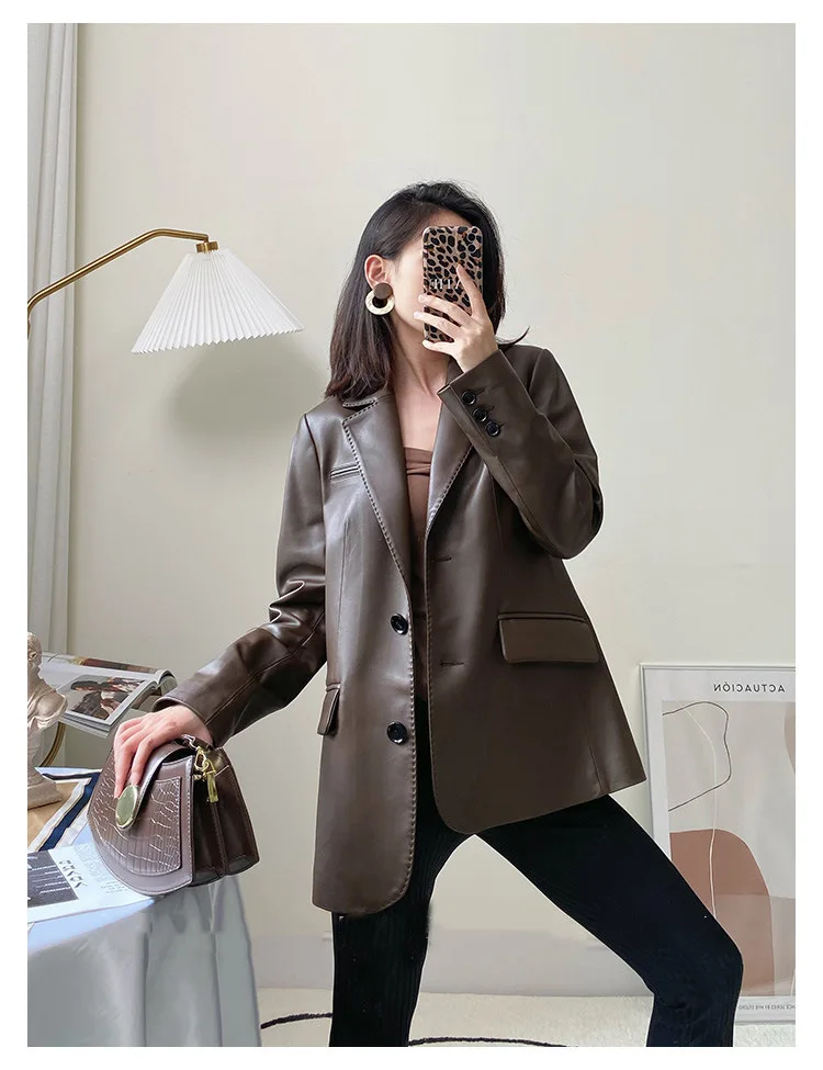 2023 Hot Sale Korean design Coffee genuine Sheepskin Leather jackets Women's  New Mid Length real leather coats