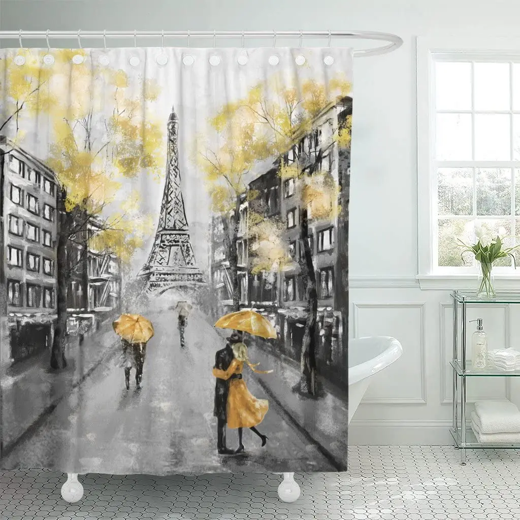 Shower Curtain Oil Painting Paris European City Landscape France Eiffel Tower Black White And Yellow Modern Couple With Hooks